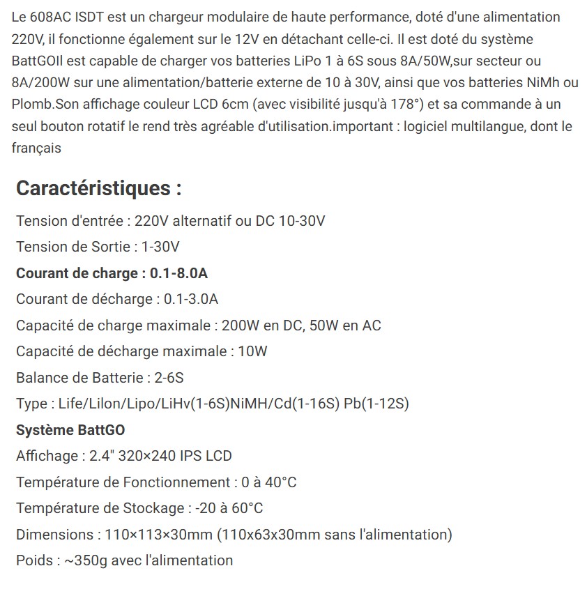 descriptif Chargeur ISDT 608AC